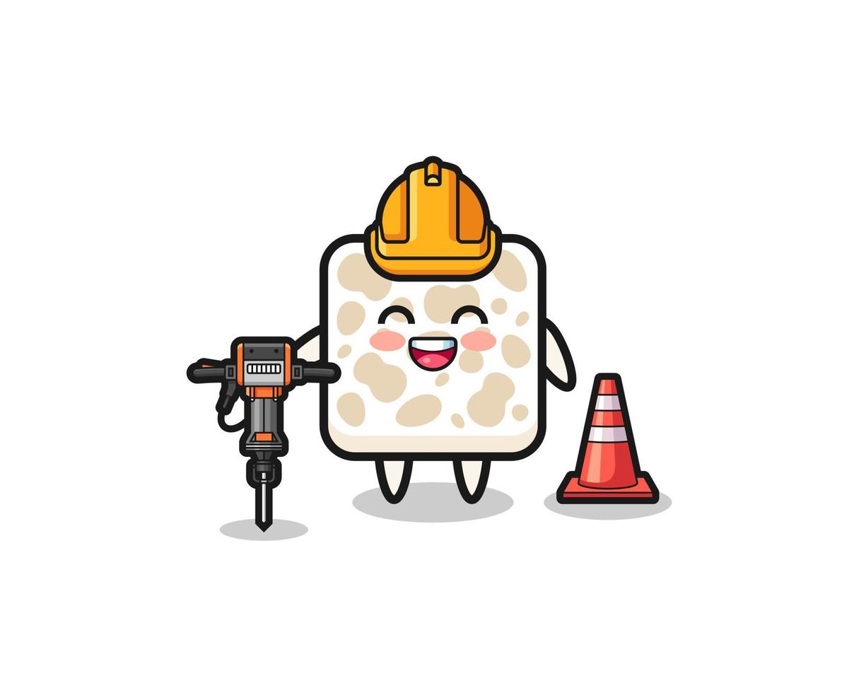 road worker mascot of tempeh holding drill machine vector