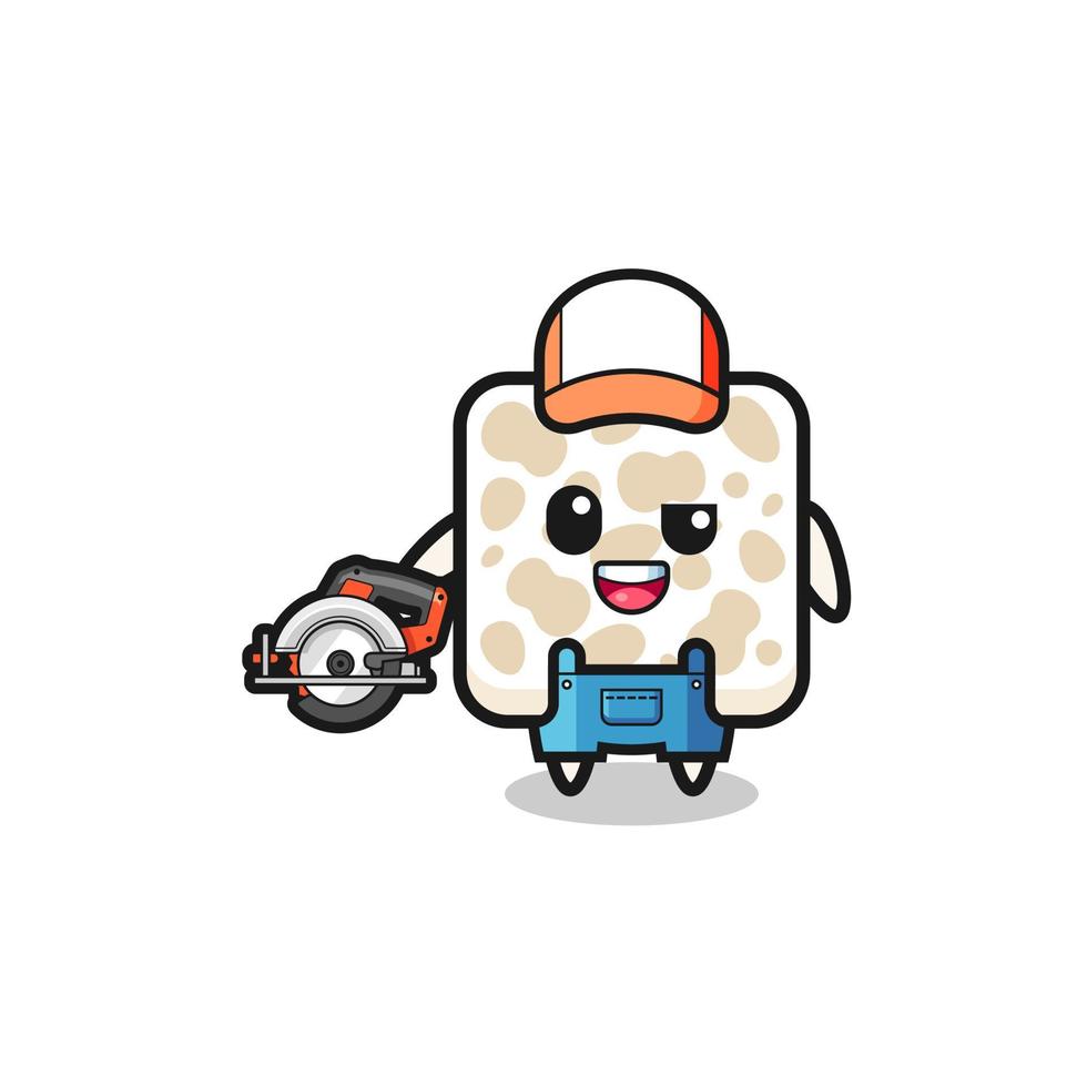 the woodworker tempeh mascot holding a circular saw vector