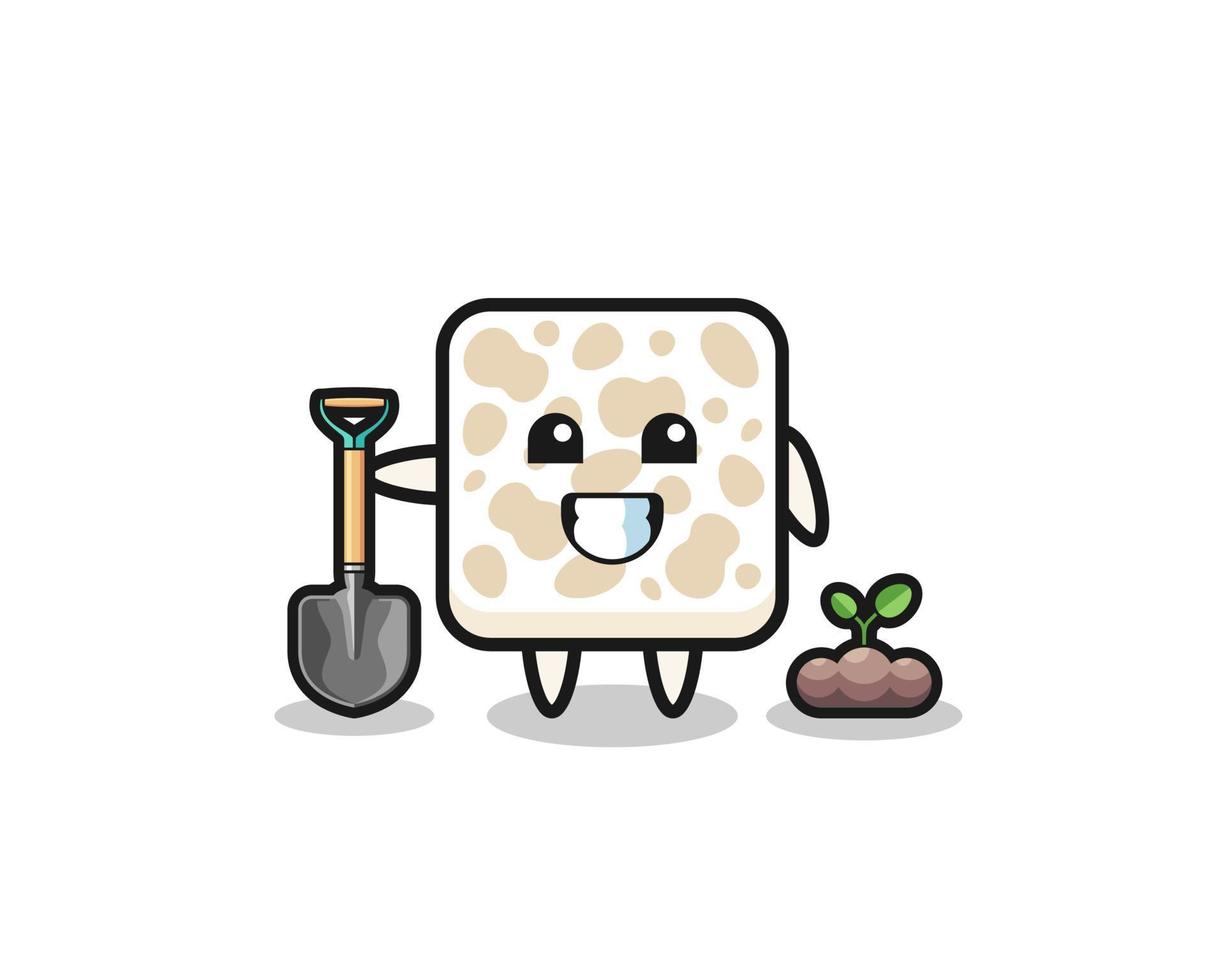 cute tempeh cartoon is planting a tree seed vector