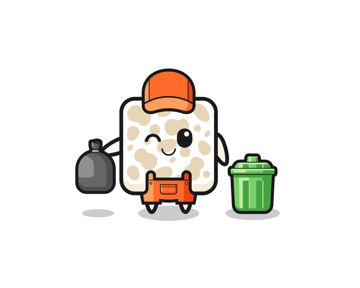the mascot of cute tempeh as garbage collector vector