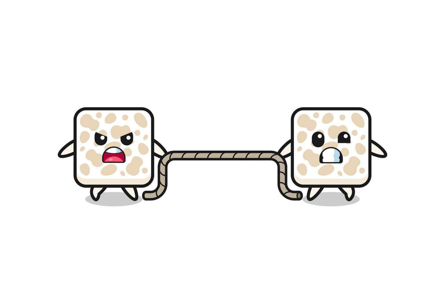 cute tempeh character is playing tug of war game vector