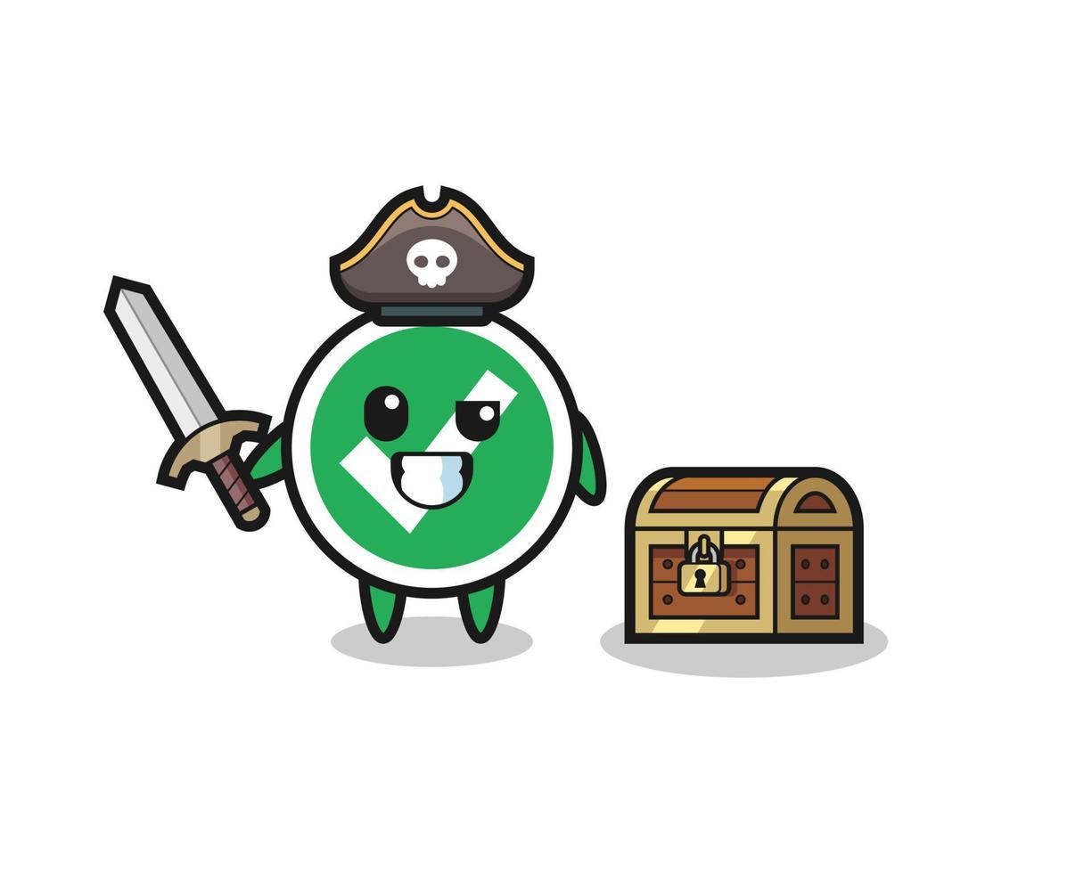 the check mark pirate character holding sword beside a treasure box vector