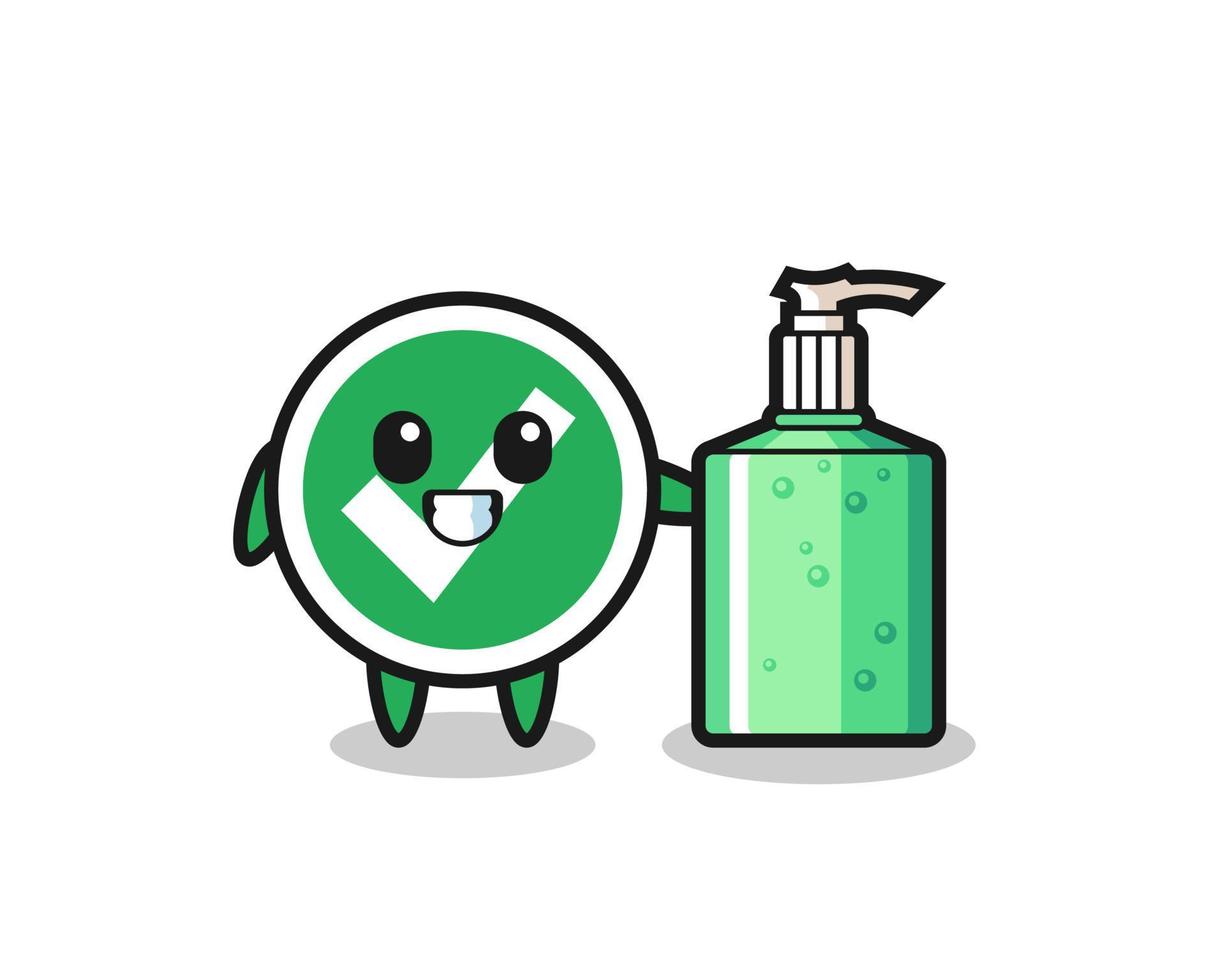 cute check mark cartoon with hand sanitizer vector