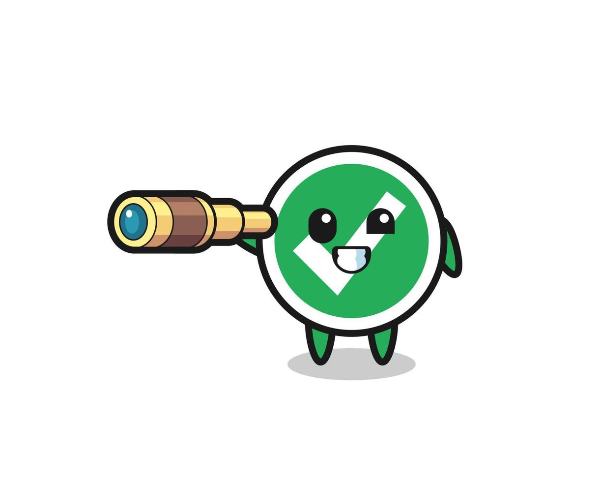 cute check mark character is holding an old telescope vector