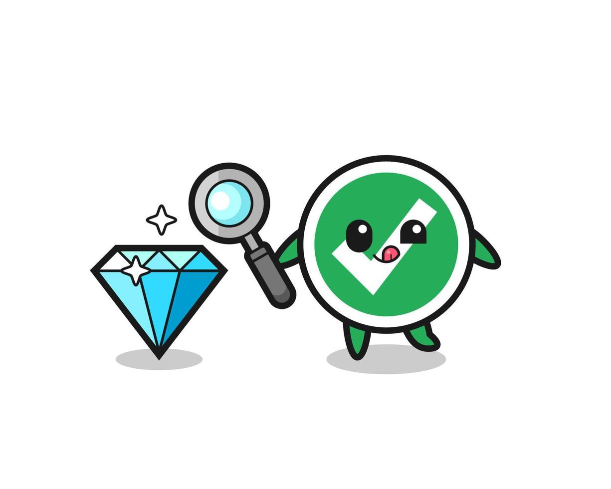 check mark mascot is checking the authenticity of a diamond vector