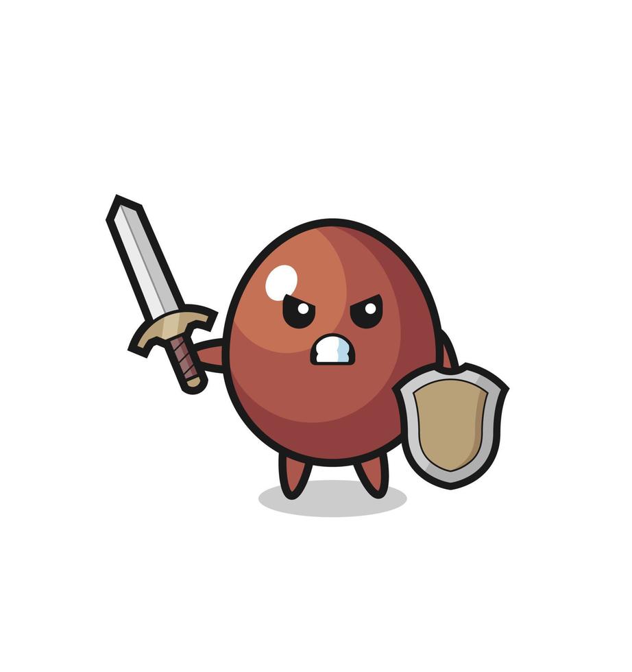 cute chocolate egg soldier fighting with sword and shield vector