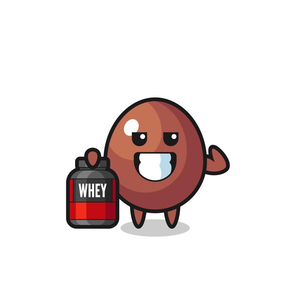 the muscular chocolate egg character is holding a protein supplement vector