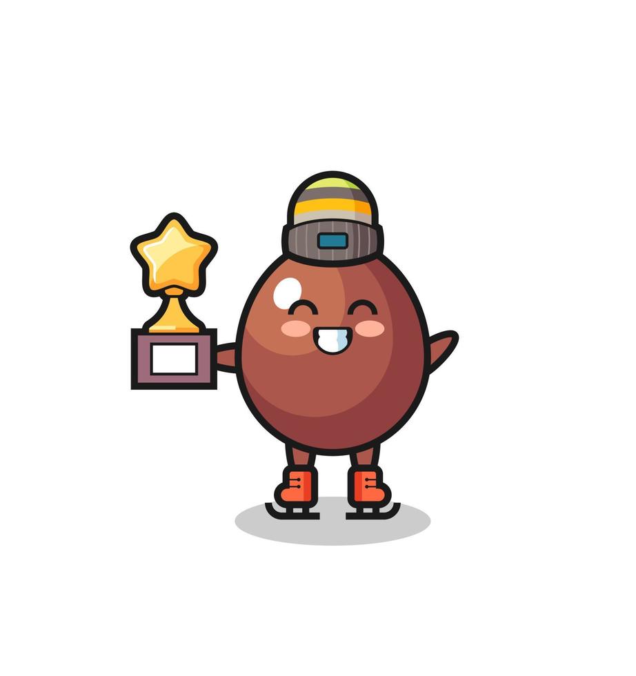chocolate egg cartoon as an ice skating player hold winner trophy vector