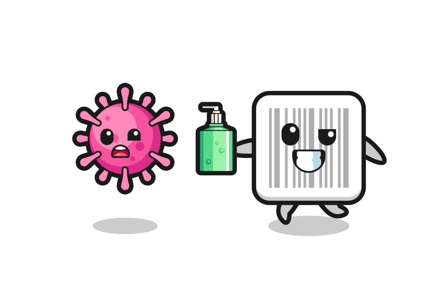 ilustración del personaje de código de barras persiguiendo virus malvados con desinfectante de manos vector