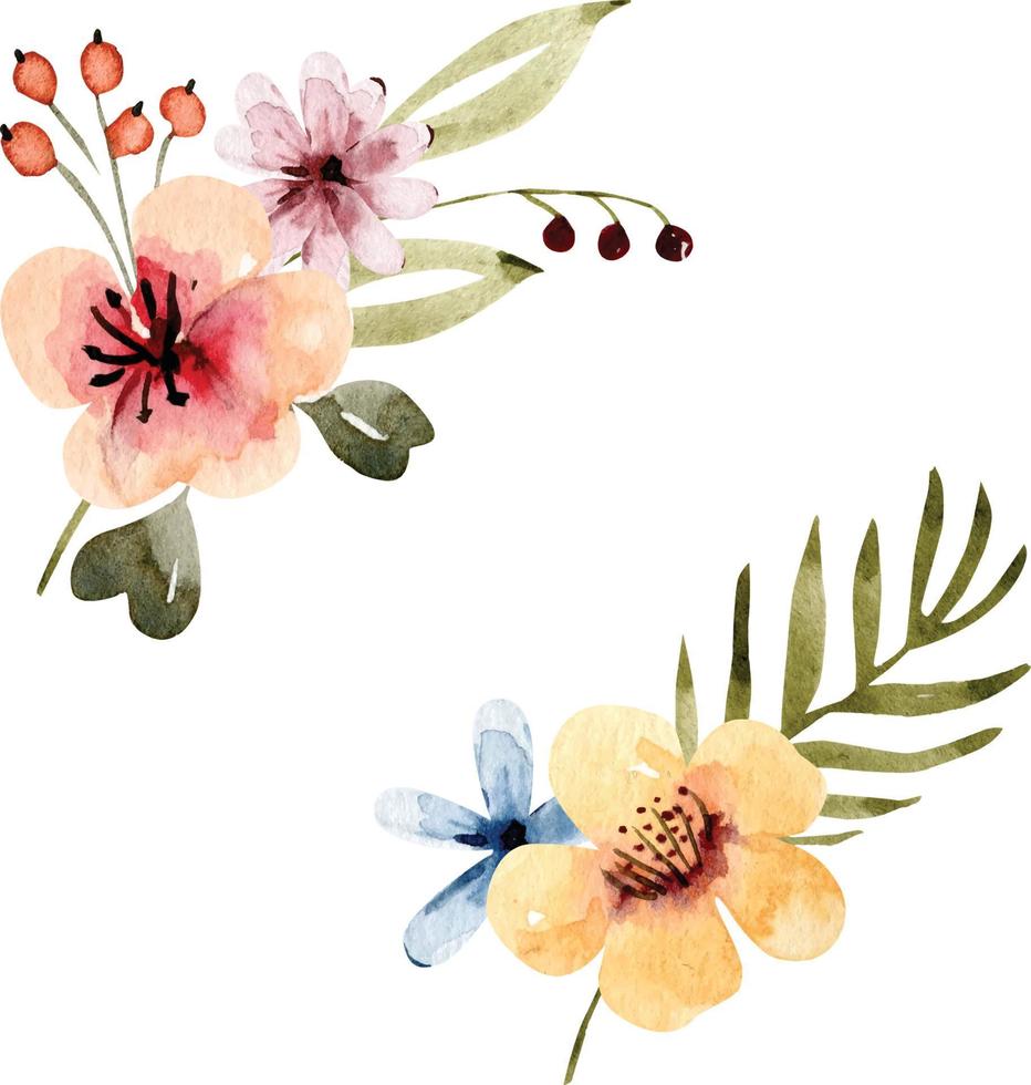 set of watercolor bouquets of delicate multicolored flowers, hand painted. vector