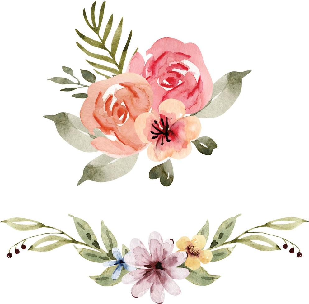 set of watercolor bouquets of delicate multicolored flowers, hand painted. vector