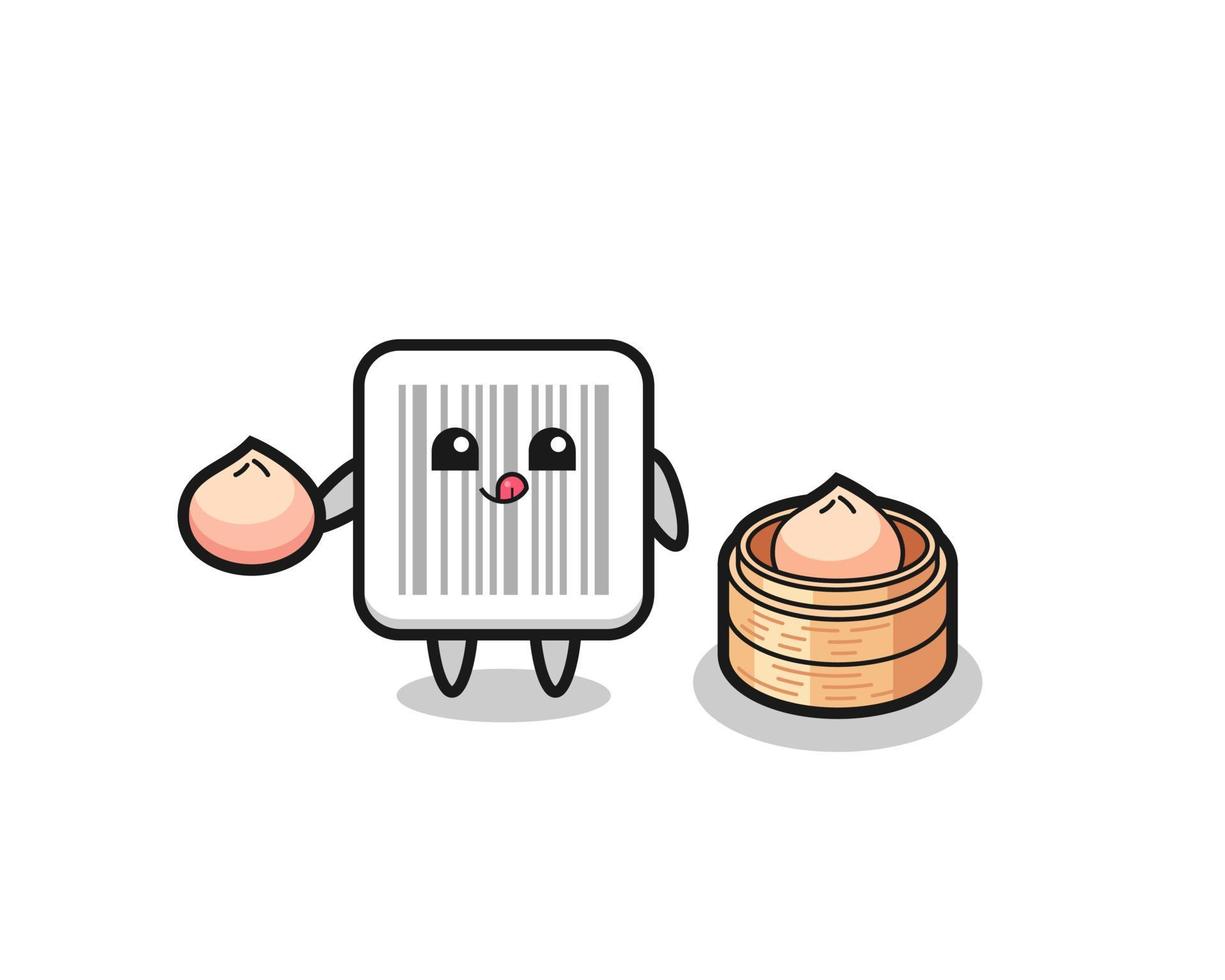 cute barcode character eating steamed buns vector