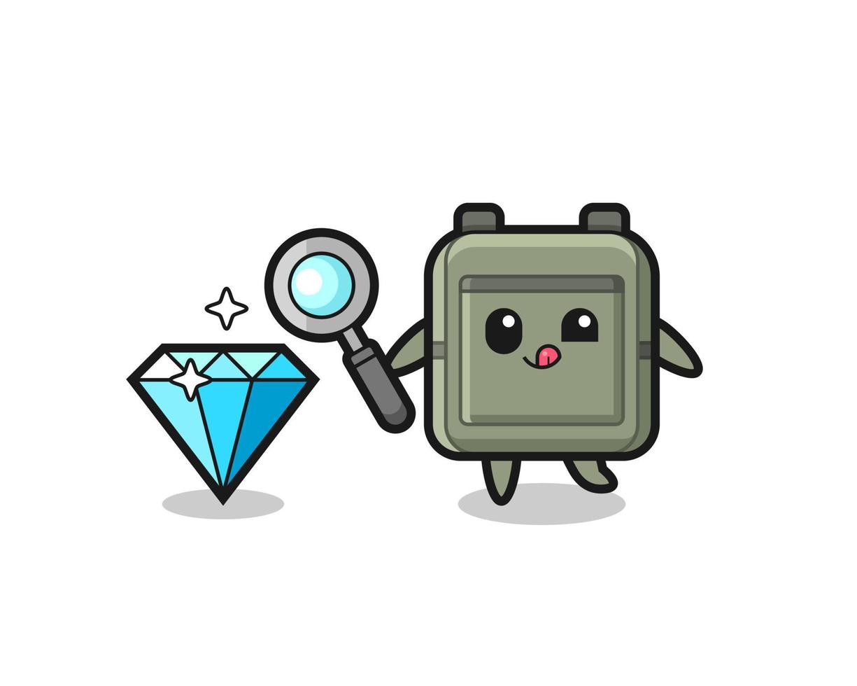 school bag mascot is checking the authenticity of a diamond vector