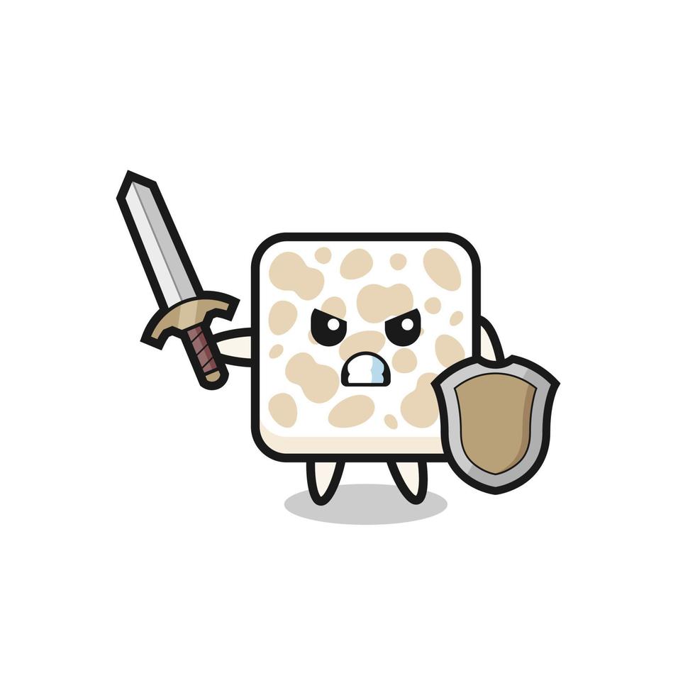 cute tempeh soldier fighting with sword and shield vector