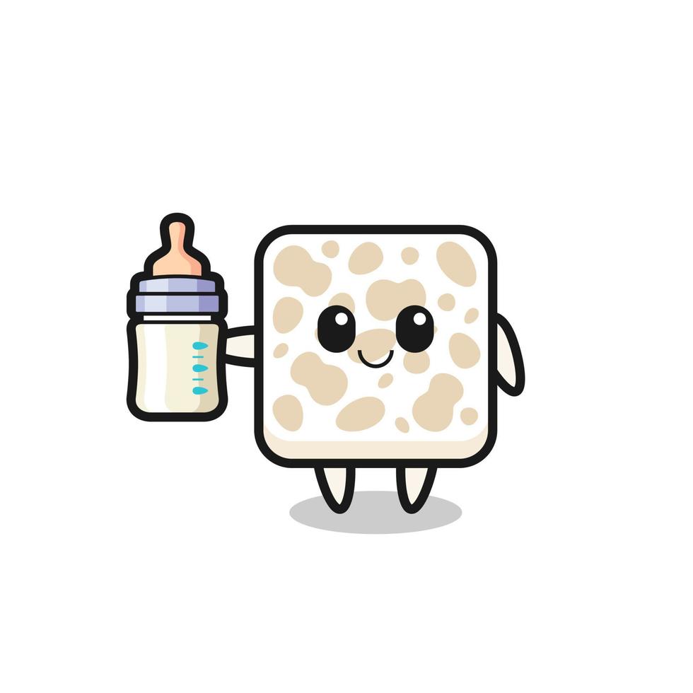 baby tempeh cartoon character with milk bottle vector