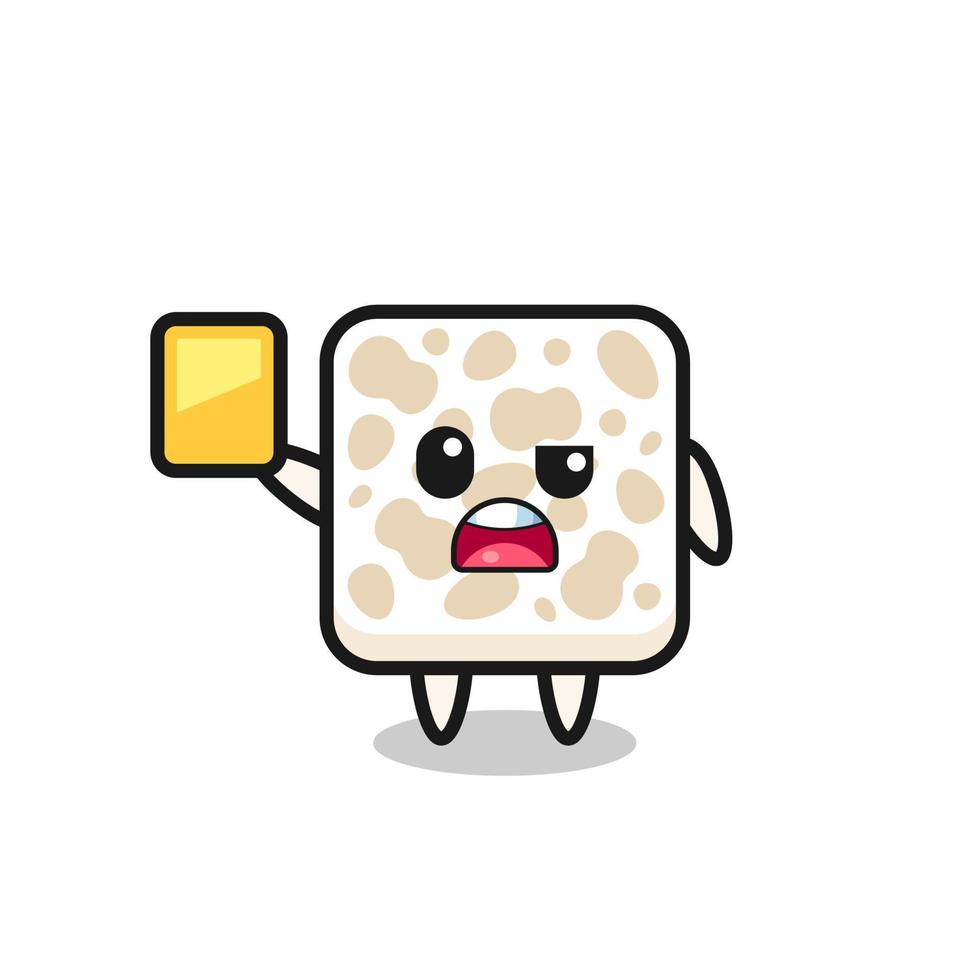 cartoon tempeh character as a football referee giving a yellow card vector