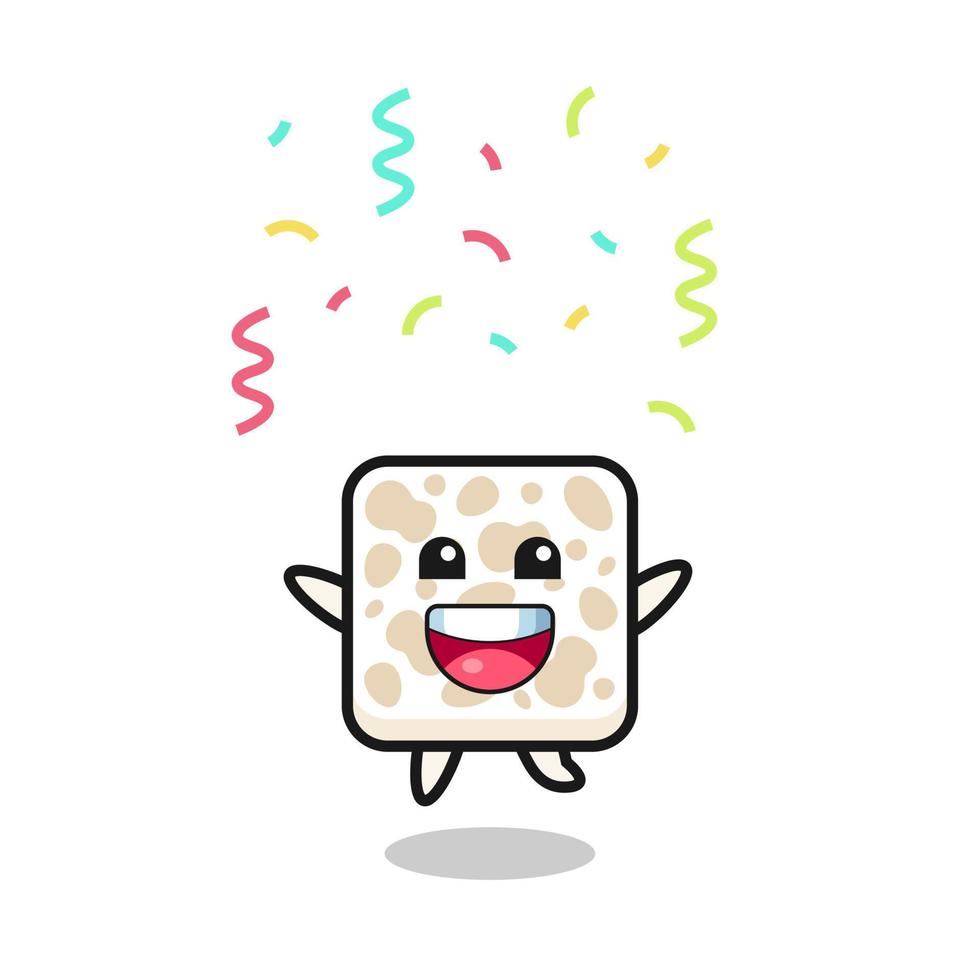 feliz mascota tempeh saltando por felicitación con confeti de color vector