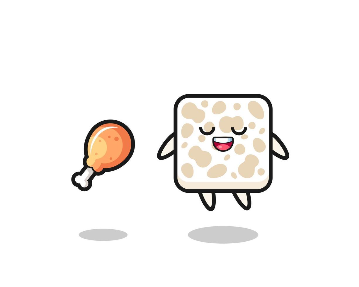 cute tempeh floating and tempted because of fried chicken vector