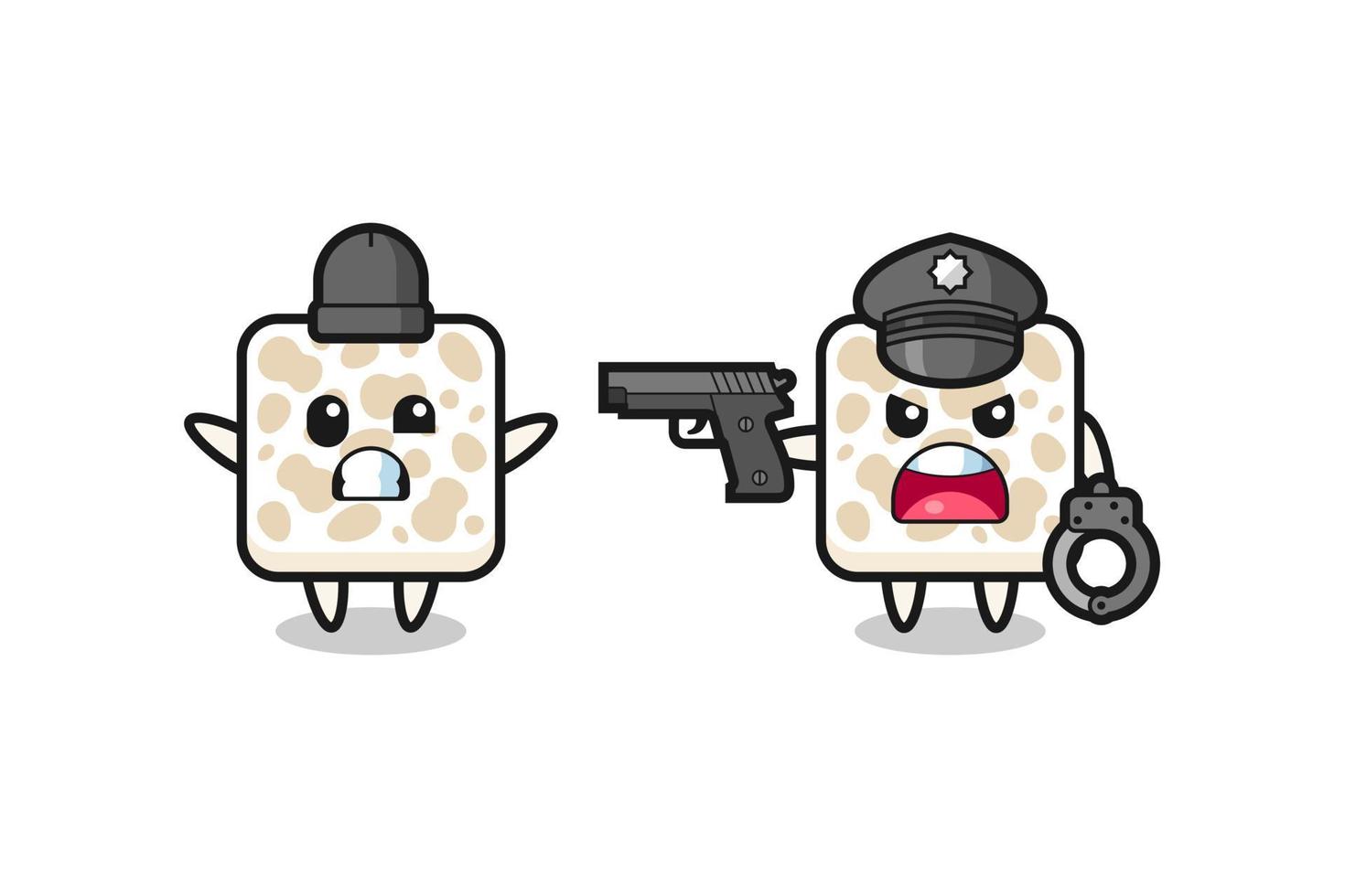 illustration of tempeh robber with hands up pose caught by police vector