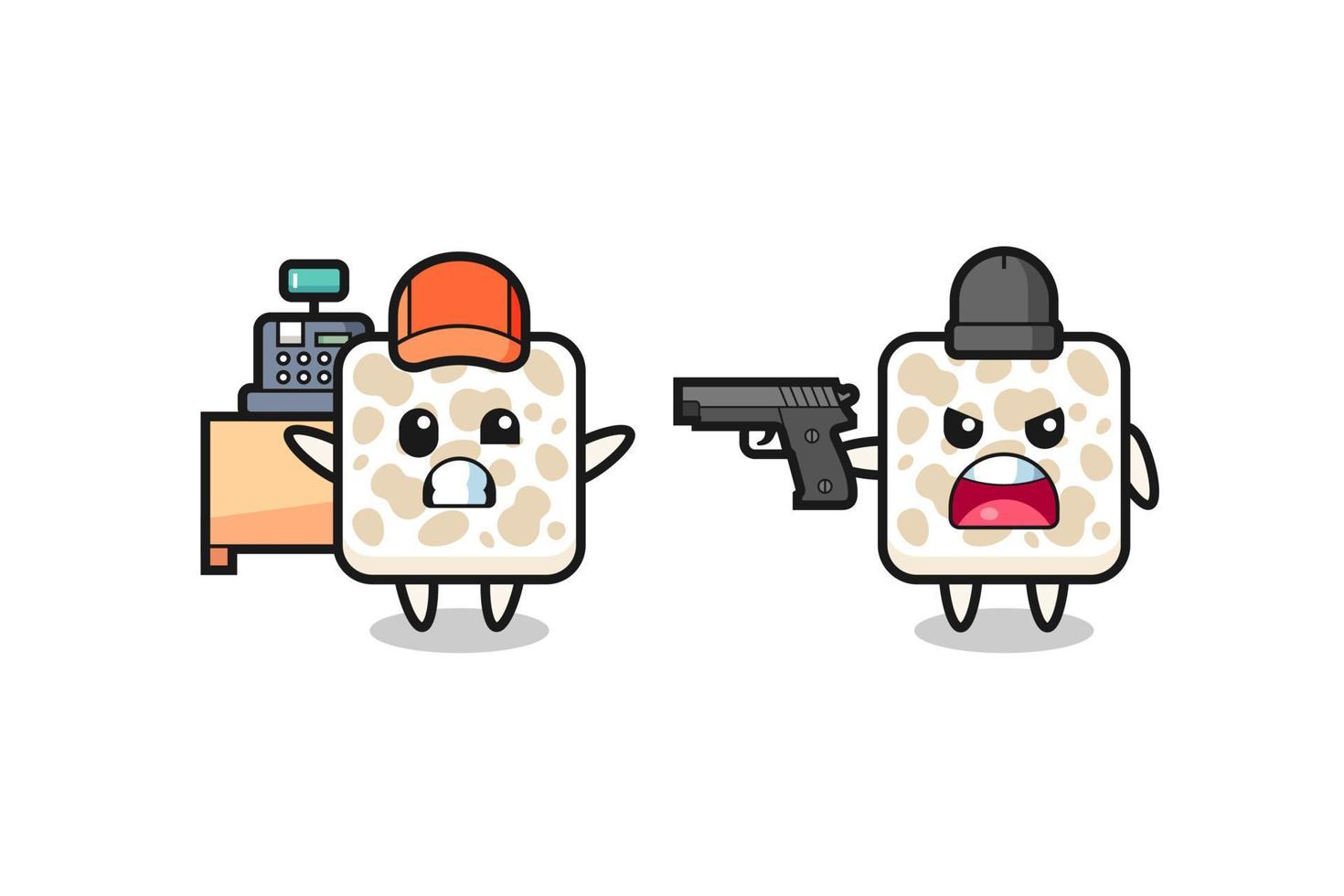 illustration of the cute tempeh as a cashier is pointed a gun by a robber vector