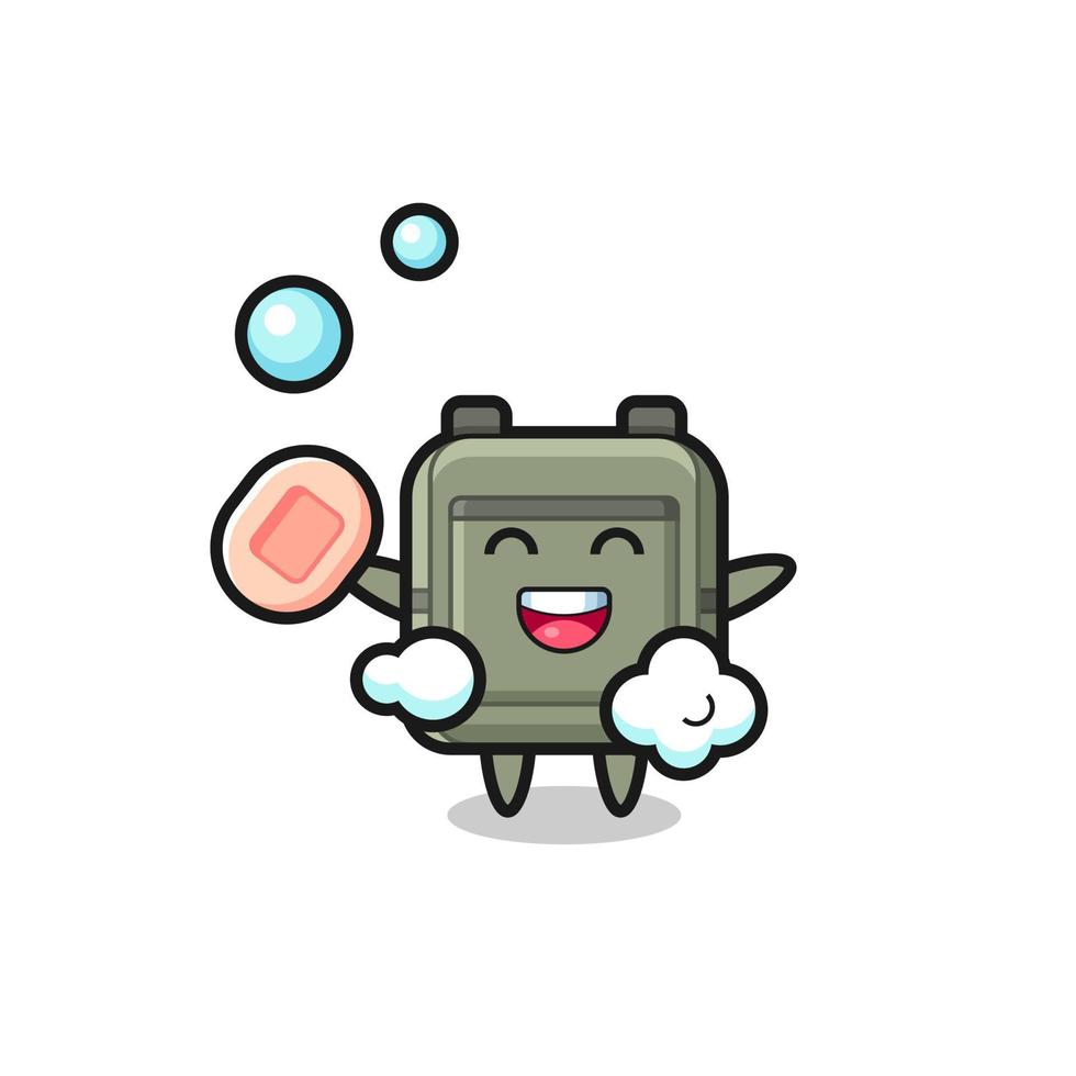 school bag character is bathing while holding soap vector