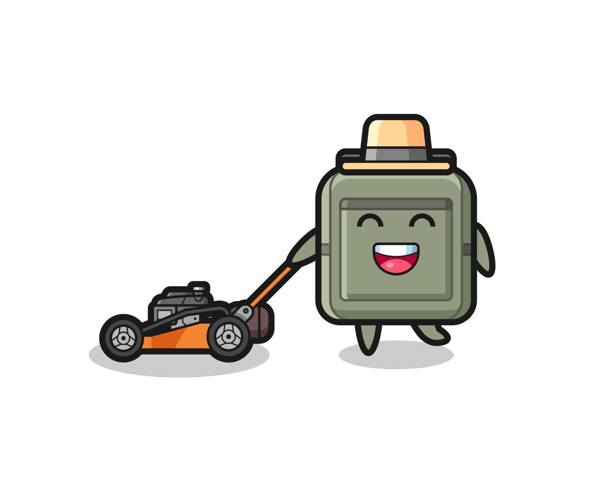 illustration of the school bag character using lawn mower vector