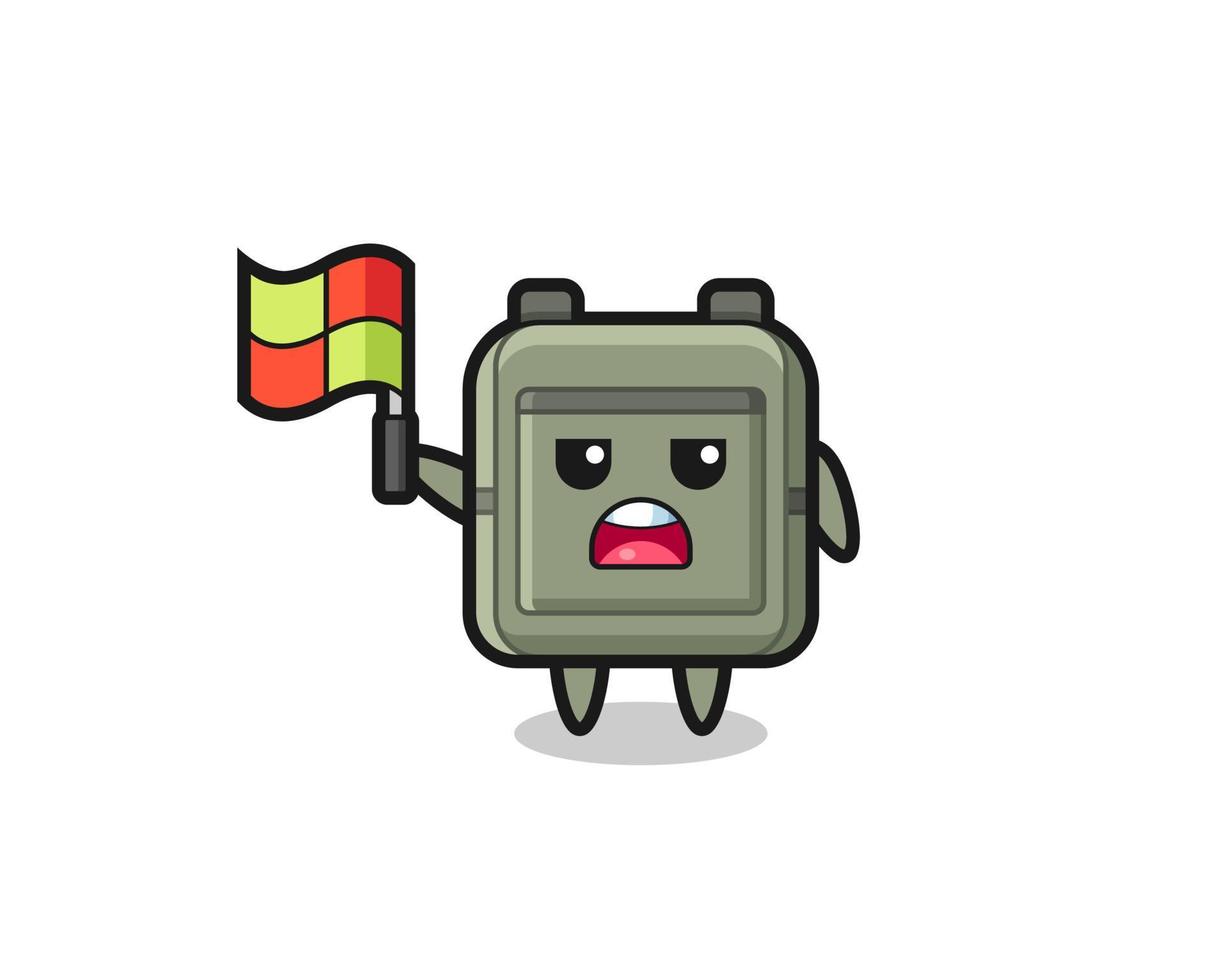 personaje de mochila escolar como juez de línea levantando la bandera vector