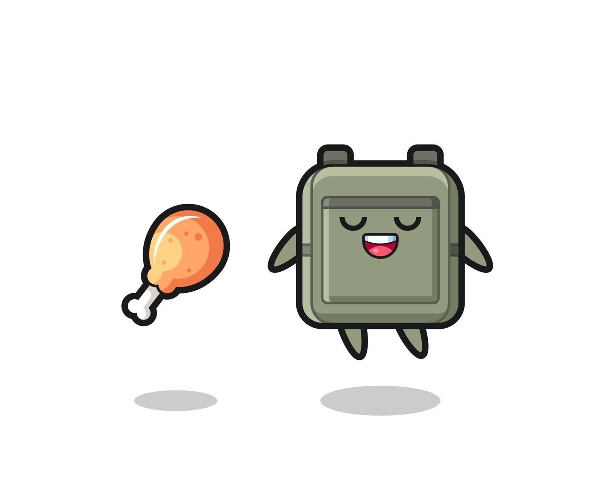 cute school bag floating and tempted because of fried chicken vector
