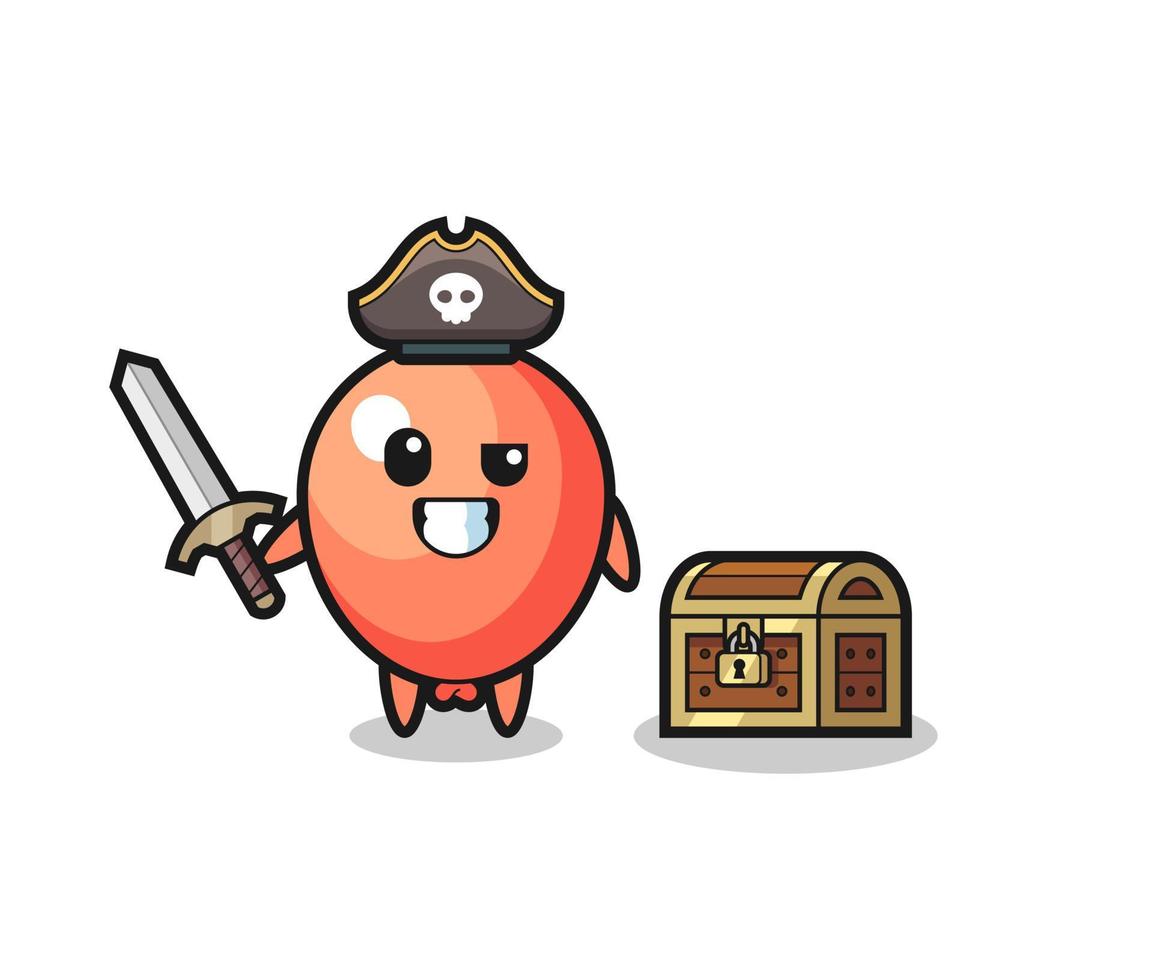 el personaje pirata del globo sosteniendo una espada al lado de una caja del tesoro vector