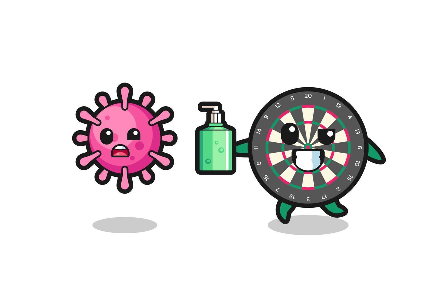 ilustración del personaje del tablero de dardos persiguiendo virus malvados con desinfectante de manos vector