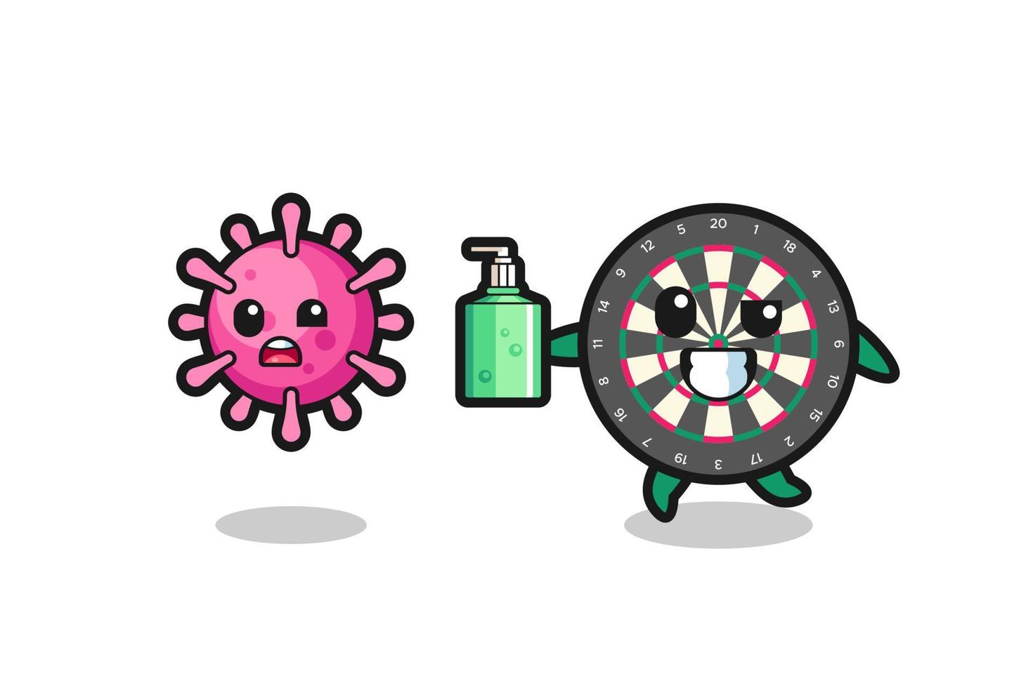 illustration of dart board character chasing evil virus with hand sanitizer vector