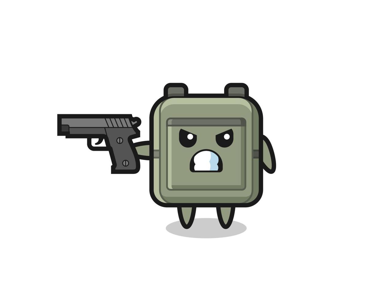 el lindo personaje de la mochila escolar dispara con una pistola vector