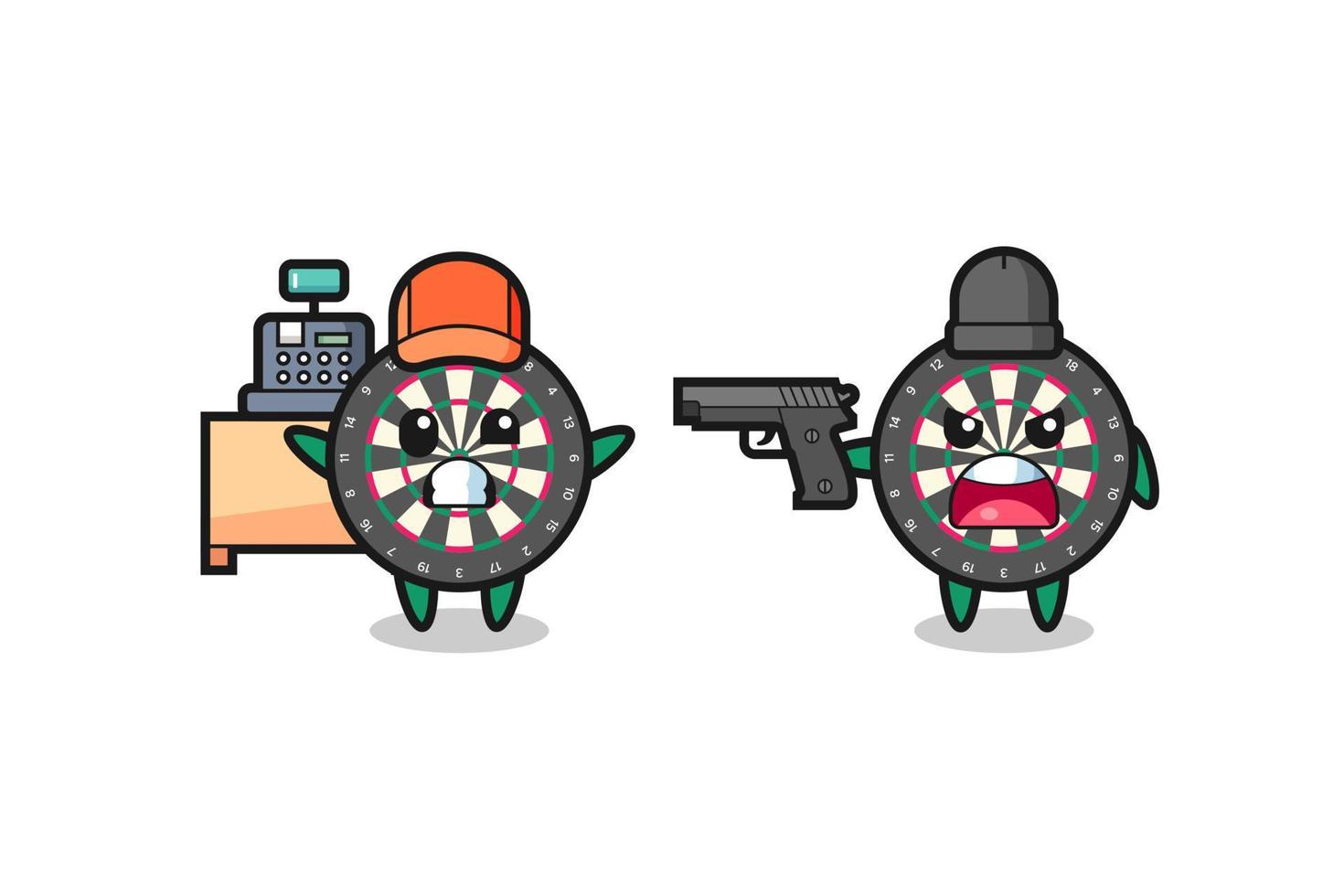 illustration of the cute dart board as a cashier is pointed a gun by a robber vector