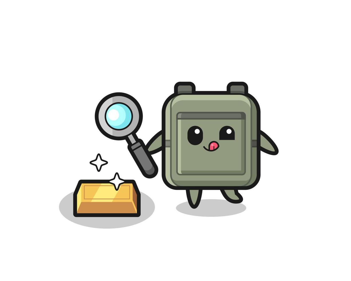 school bag character is checking the authenticity of the gold bullion vector