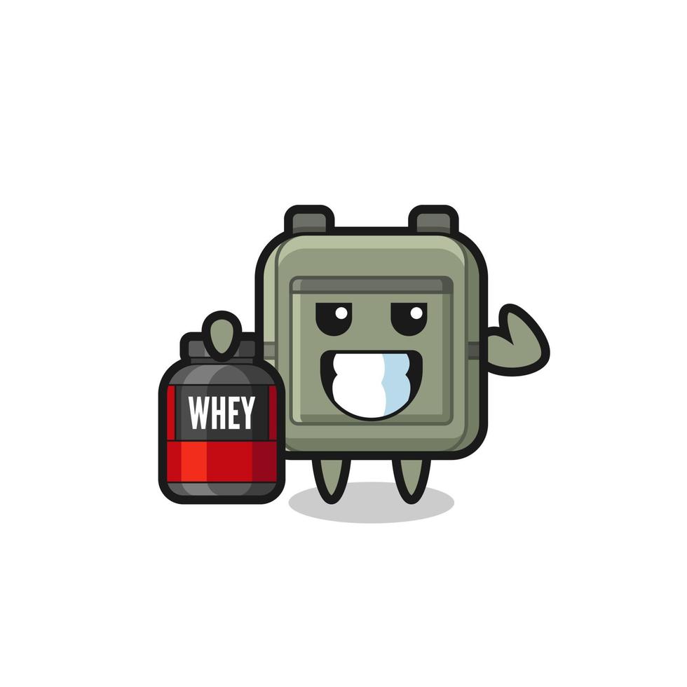 the muscular school bag character is holding a protein supplement vector