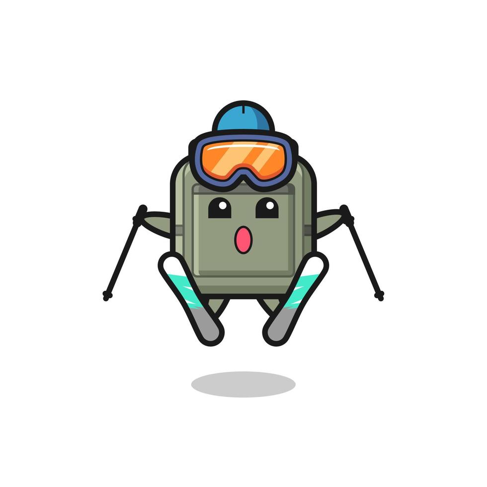 personaje de la mascota del bolso escolar como jugador de esquí vector