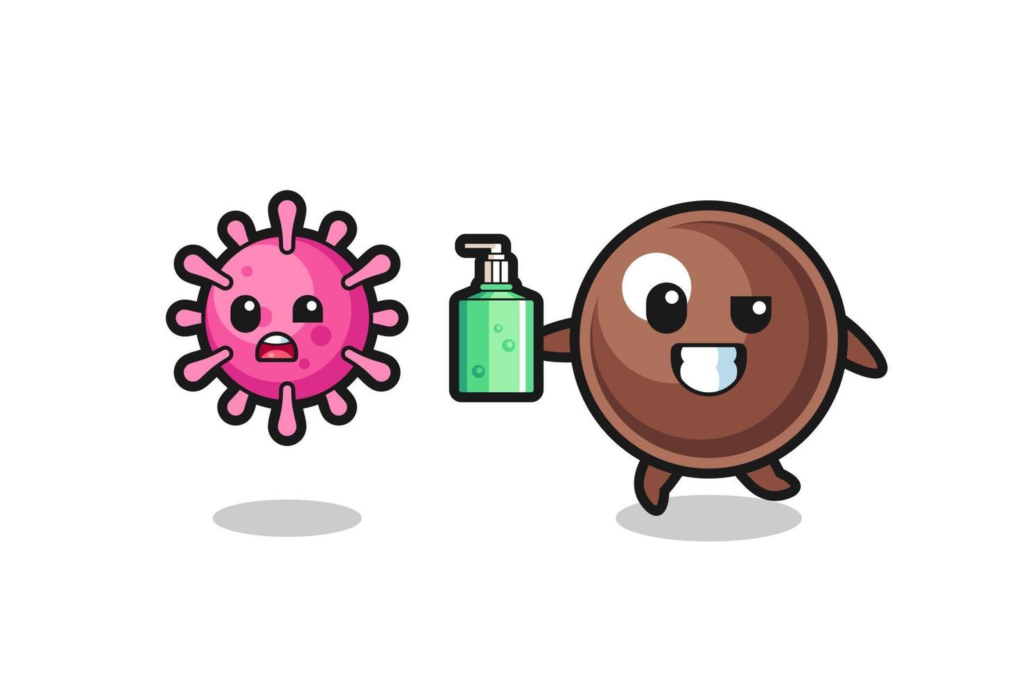 ilustración del personaje de perla de tapioca persiguiendo virus malvados con desinfectante de manos vector