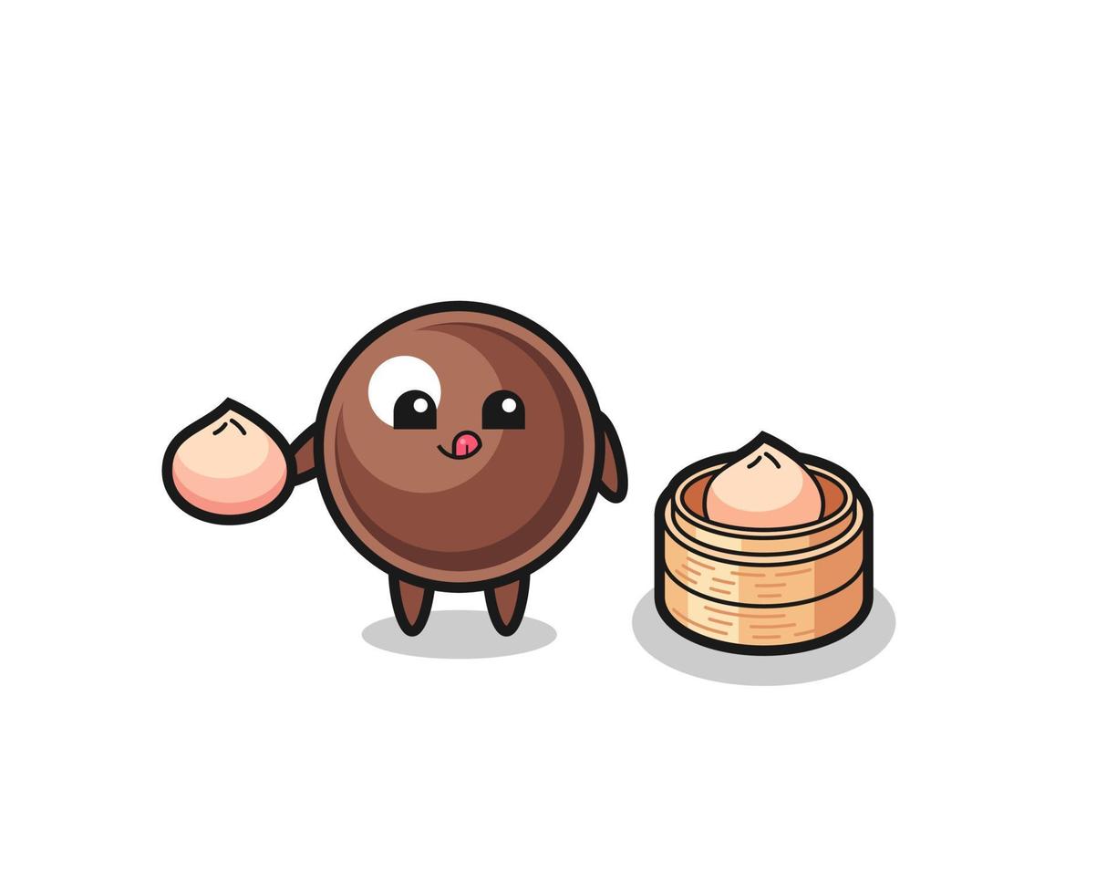 cute tapioca pearl character eating steamed buns vector