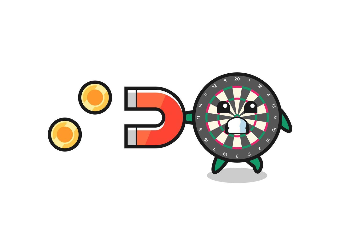 the character of dart board hold a magnet to catch the gold coins vector