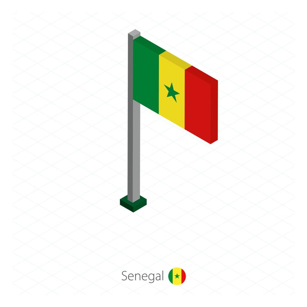 Senegal Flag on Flagpole in Isometric dimension. vector