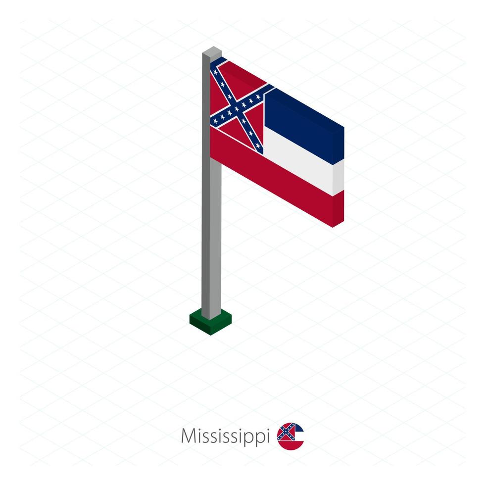 Mississippi US state flag on flagpole in isometric dimension. vector