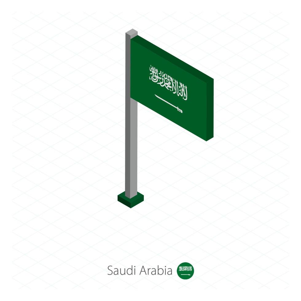 bandera de arabia saudita en asta de bandera en dimensión isométrica. vector