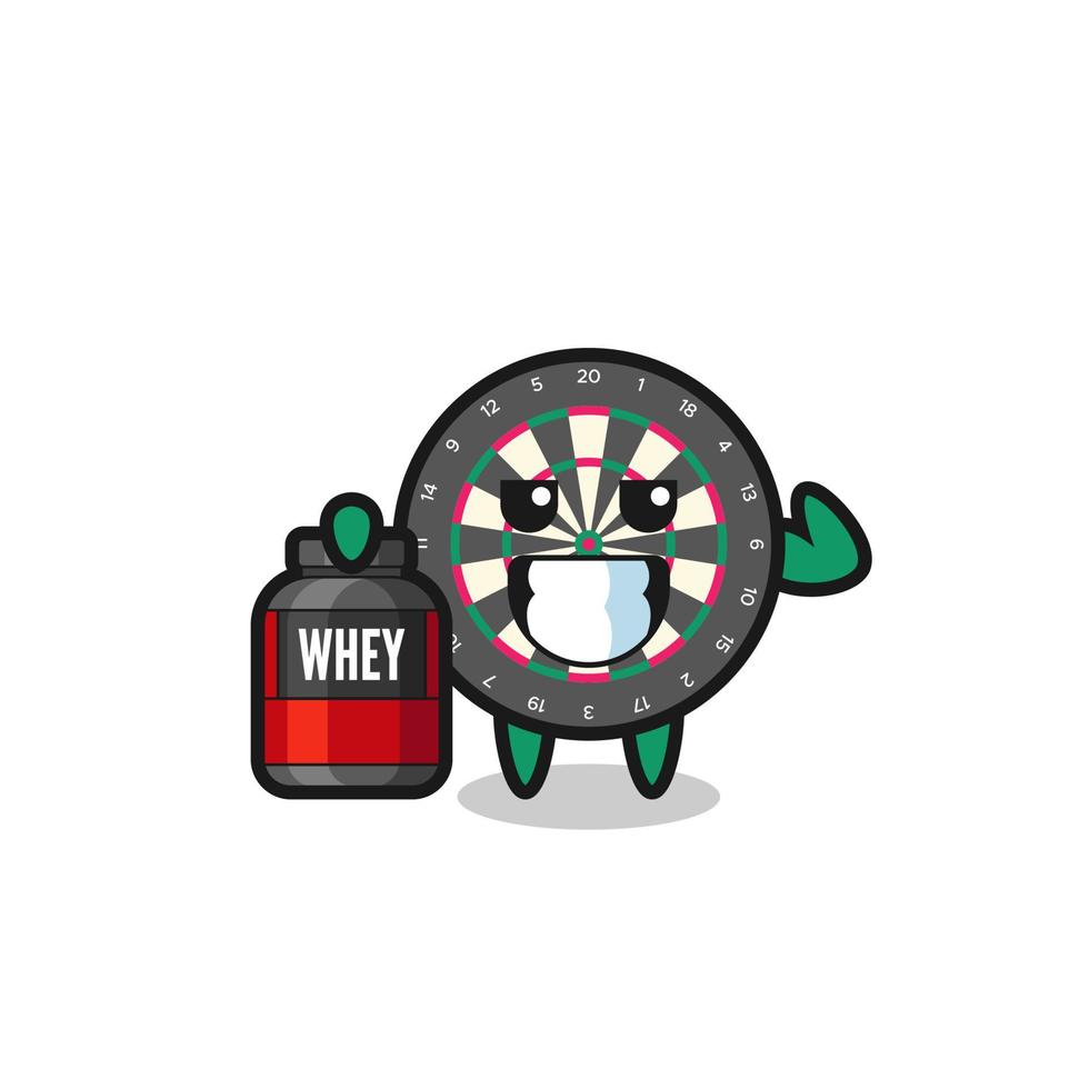 the muscular dart board character is holding a protein supplement vector