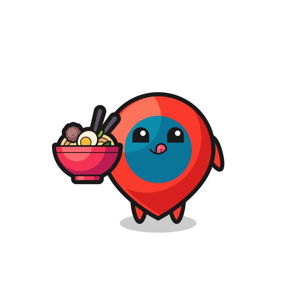 lindo personaje de símbolo de ubicación comiendo fideos vector