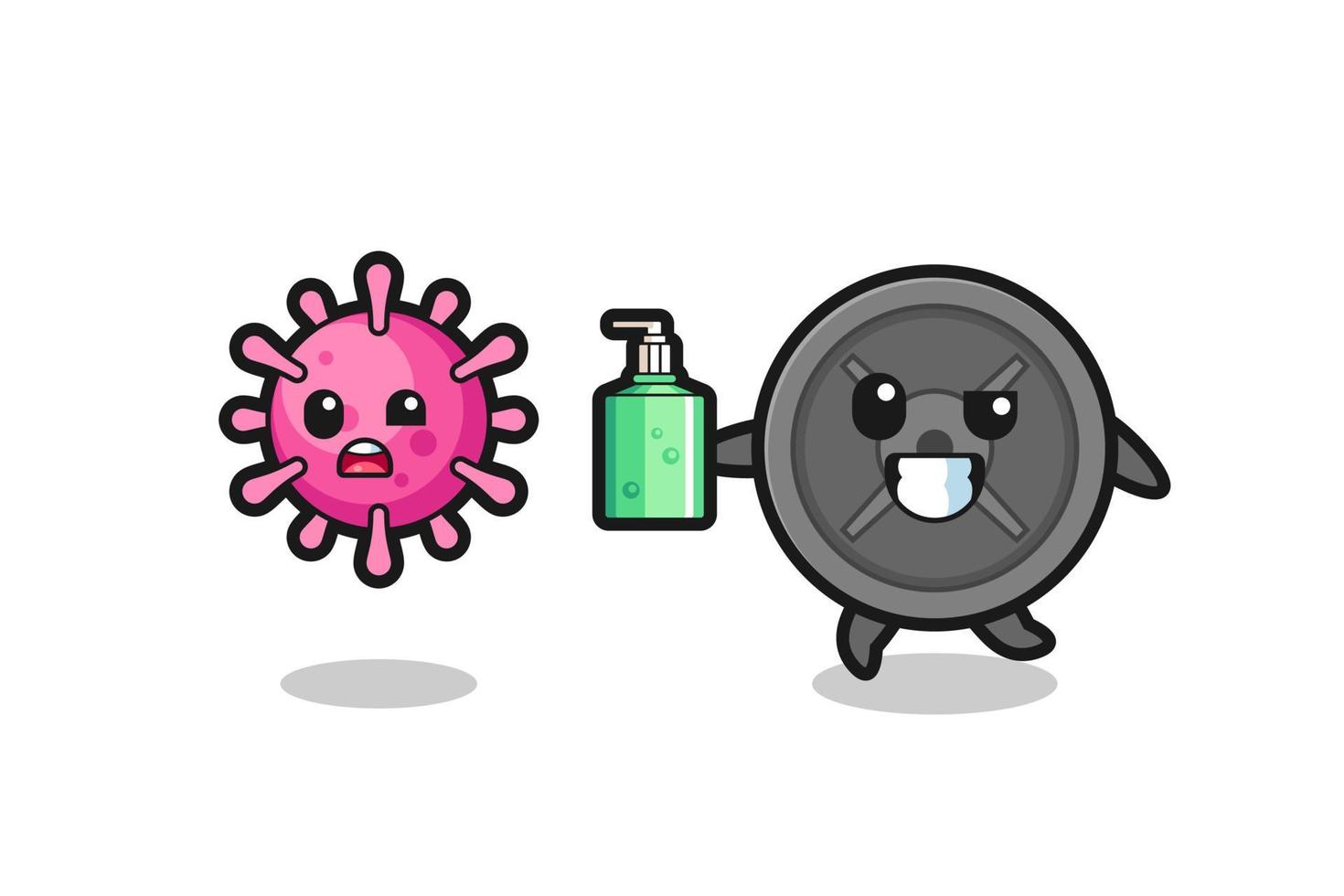 illustration of barbell plate character chasing evil virus with hand sanitizer vector