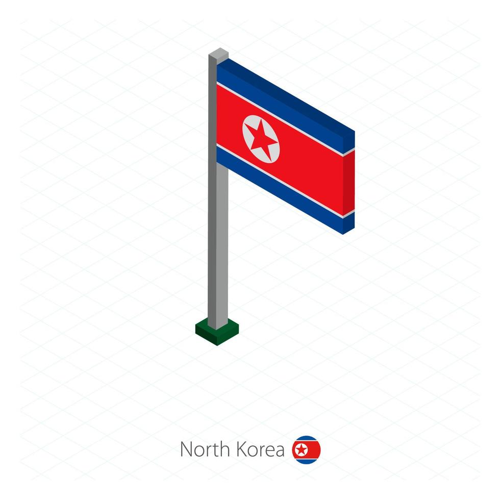 bandera de corea del norte en asta de bandera en dimensión isométrica. vector