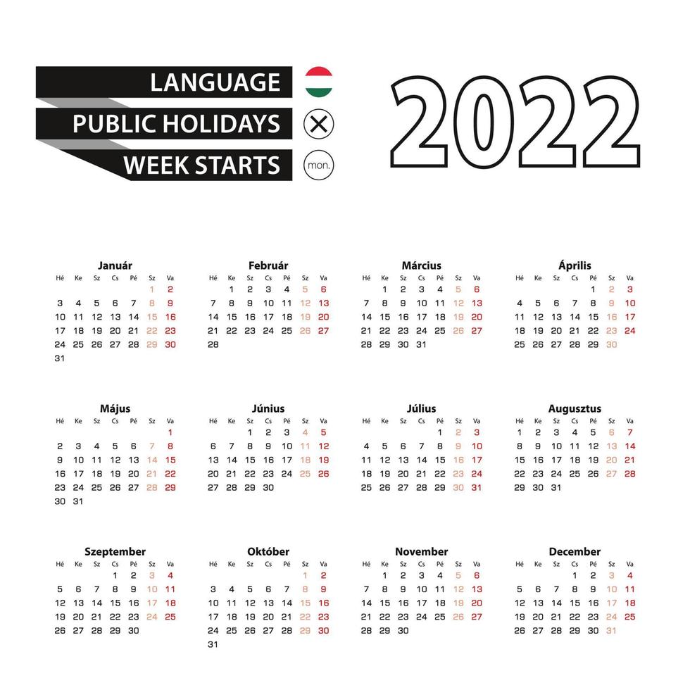Calendar 2022 in Hungarian language, week starts on Monday. vector