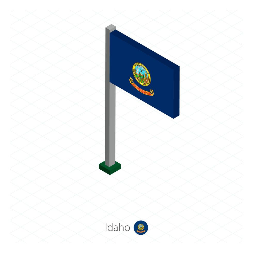 Idaho US state flag on flagpole in isometric dimension. vector