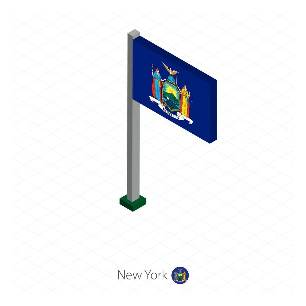 New York US state flag on flagpole in isometric dimension. vector