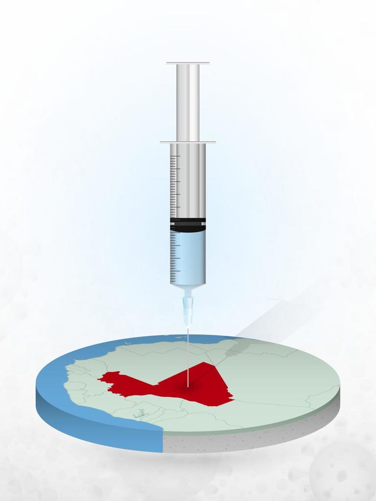 Vaccination of Mali, injection of a syringe into a map of Mali. vector